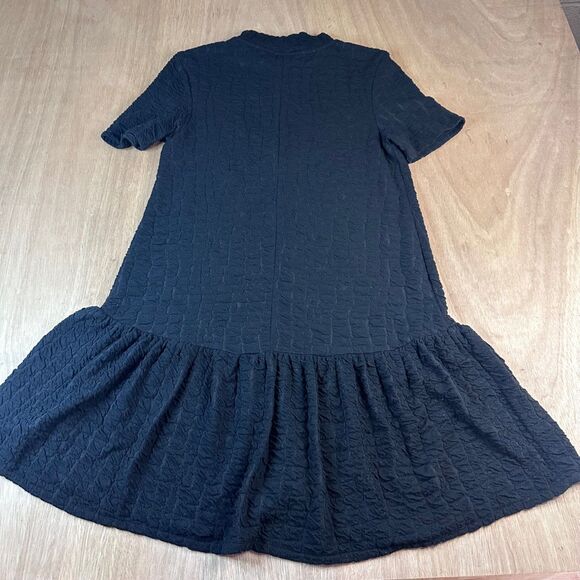 ZARA Black Textured Mini Dress 🖤 Drop Waist Mock Neck Size S - Picture 2 of 3